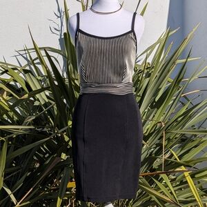Vintage 90s Black And Cream Striped Bodice Mini Dress With Lace Up Back Size S